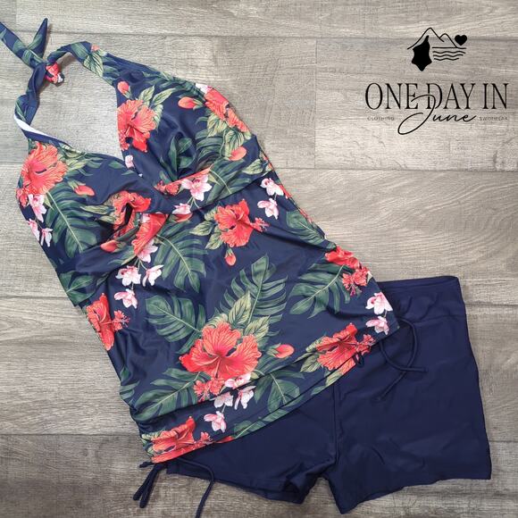 CharmLeaks Tropical Halter Boy Short Tankini Swimsuit Size L - Picture 2 of 4